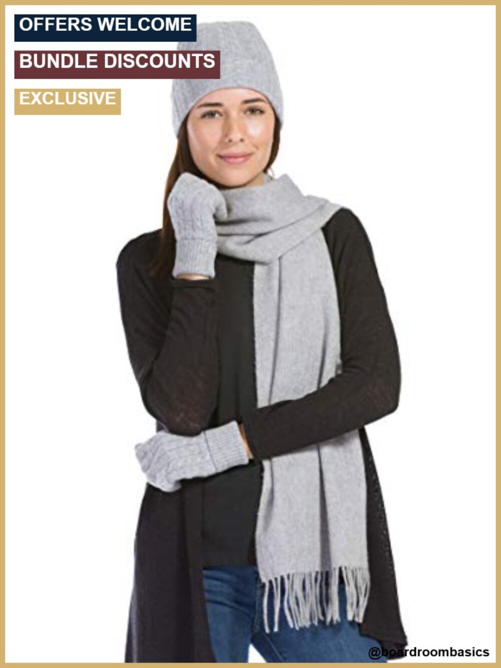 100% Cashmere 3-Piece Hat Glove Scarf Set Cable Knit Winter Gift Box